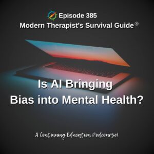 Photo ID: A partially open laptop with a desert sunset on the screen. The light from the laptop screen is the only light, the laptop is otherwise surrounded by darkness. Text overlay reads "Episode 385: Is Artificial Intelligence Bringing Bias into Mental Health Treatment?"